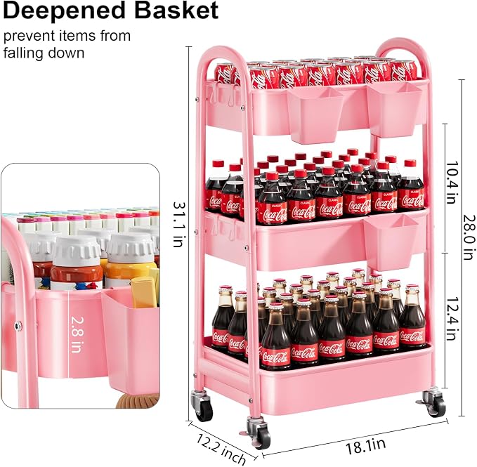 3 Tier Rolling Storage Cart Metal with Wheels, Pink Three Tiered Craft Cart Organizer on Wheels, Utility Carts for Baby Nursery, Diaper Caddy, Art, Book, Snack, Nail, Makeup, Bathroom Supplies, Mesh