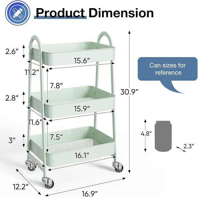 OLIXIS Metal 3 Tiers Utility Rolling Cart with Lockable Caster Wheels, Mobile Storage Shelf, Organization for Livingroom, Bathroom & Narrow Places, Pale Green