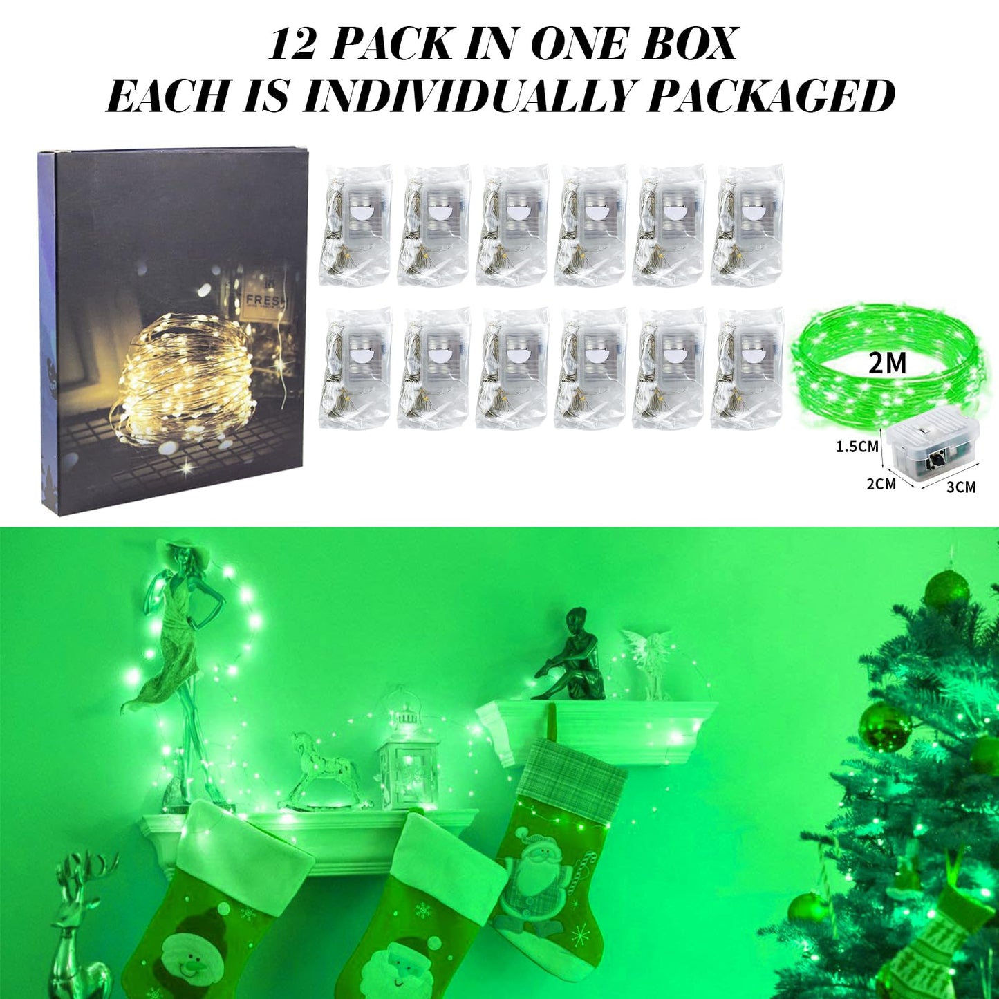 ZGWJ 12 Pack Fairy Lights Battery Operated, 7ft 20 Mini LED Fairy String Lights Silver Wire 3 Modes for DIY, Parties, Wedding, Bedroom, Halloween Christmas Decoration Green