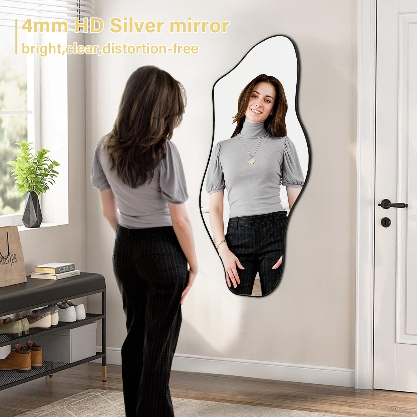 Jesmaikor Large Irregular Wall Mirror, 47.2"x21", Black Asymmetrical Modern Oblong Wavy Cloud Mirror for Living Room, Bathroom, Entryway, Dining Room