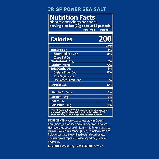 Crisp Power Protein Pretzels, Sea Salt, High Protein Vegan Keto Snack, 28 G Plant Based Protein, Low Carb Crunchy Pretzel Snacks, Sugar Free, No Seed Oils, 1.75 oz Bags, 6 Pack