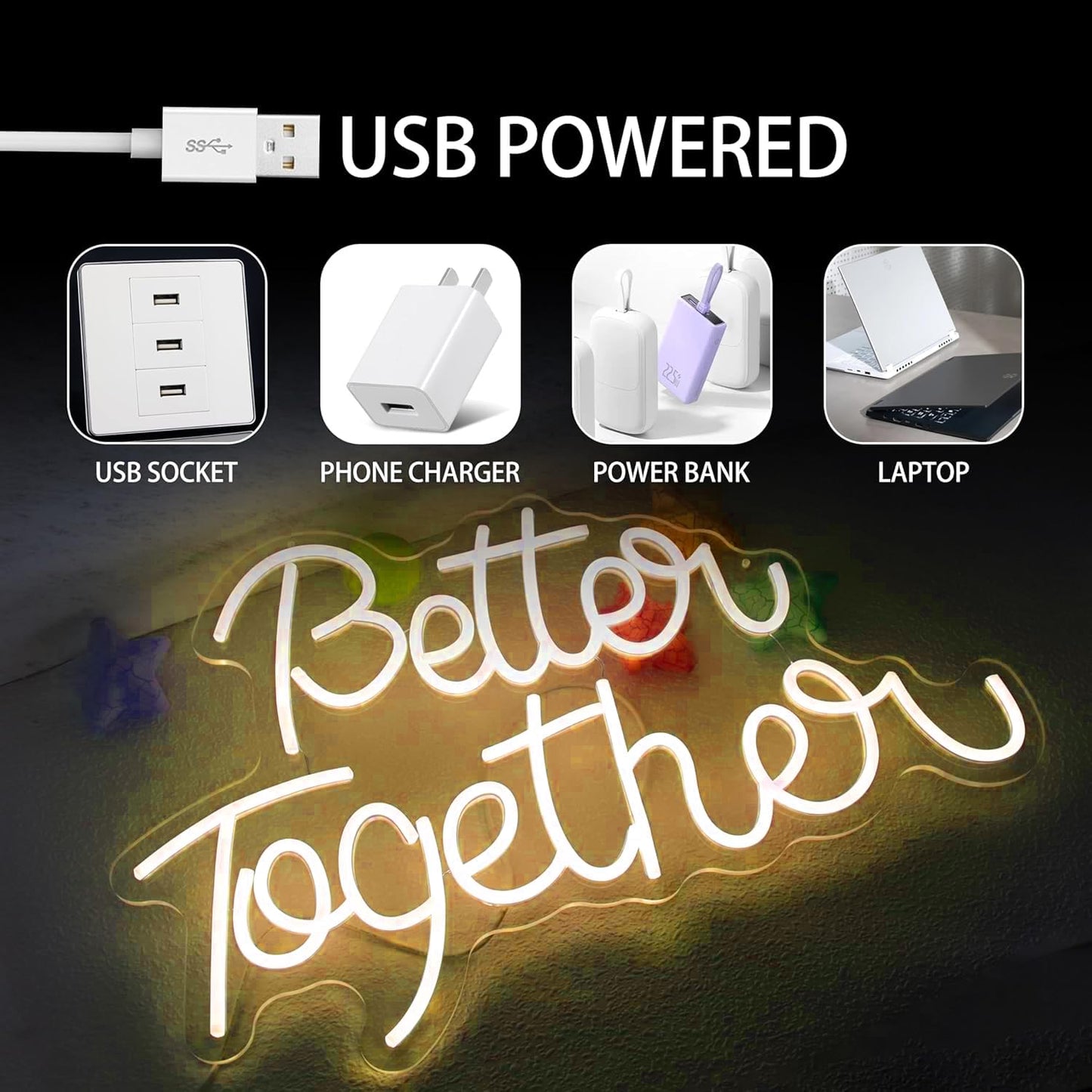 Better Together Neon Sign for Party Backdrop Wall Decor Better Together LED Light Up Letters for Party Decorations Neon Lights Teen Bedroom Reunion Decoration Gifts Photo Prop USB (cool white)