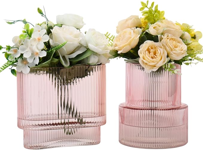 Pink Glass Vases, Set of 2 Ribbed Vases for Flowers, Pink Vase for Tulips, Modern Glass Vase for Living Room, Dining Table, Office, Entryway, Mantle, Bookshelf, Wedding Gifts