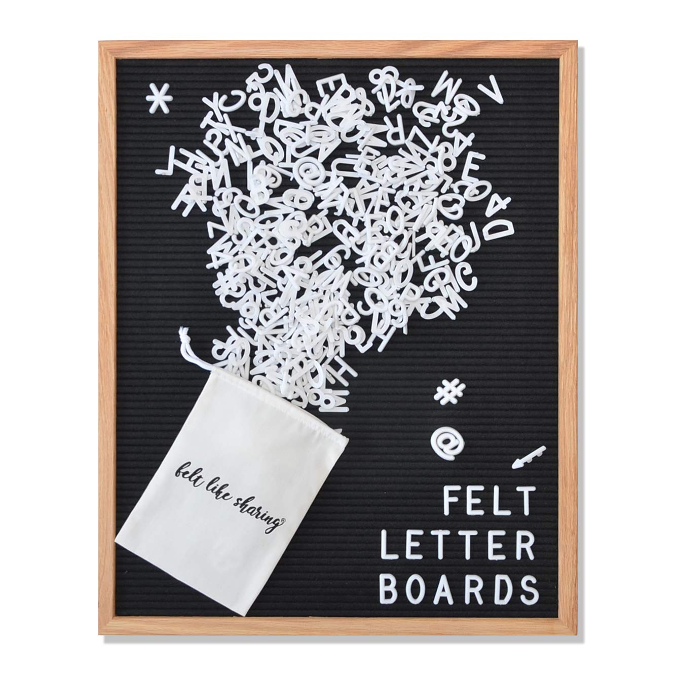 Black Felt Letter Board 16x20 Inches, Changeable Letter Board Plus 348 White Plastic Letters, Warm Oak Frame Wooden Letter Board w/Sawtooth Wall Hanger + Drawstring Pouch For Letterboard Letters