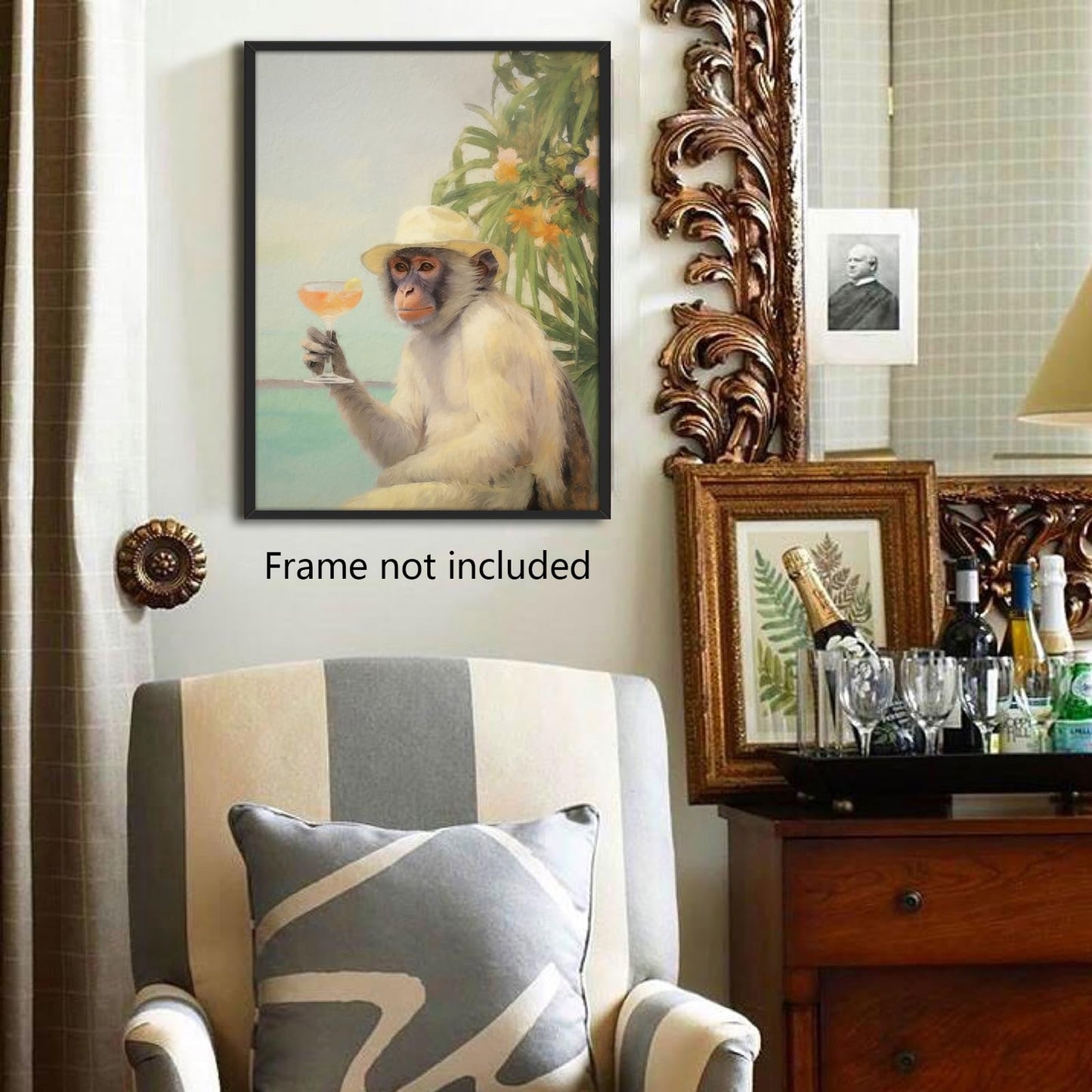 Yuaruo Funky Monkey Cocktail Canvas Wall Art, Retro Bar Cart Room Aesthetic Poster, Cute Funny Animal Painting Print, Cute Monkey on Vacation Dorm Apartment Wall Decor 12x16in Unframed