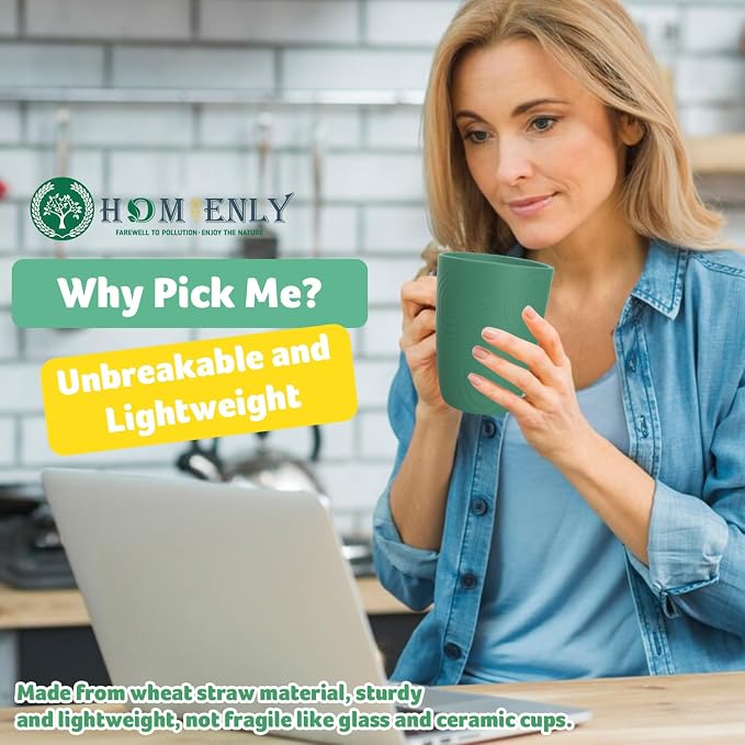 Homienly Plastic Cups Reusable 8 PCS Wheat Straw Cups a Good Alternative Drinking Plastic Glasses Cup Unbreakable Reusable Dishwasher Safe Microwave Safe Cup with Green Color (12 OZ)