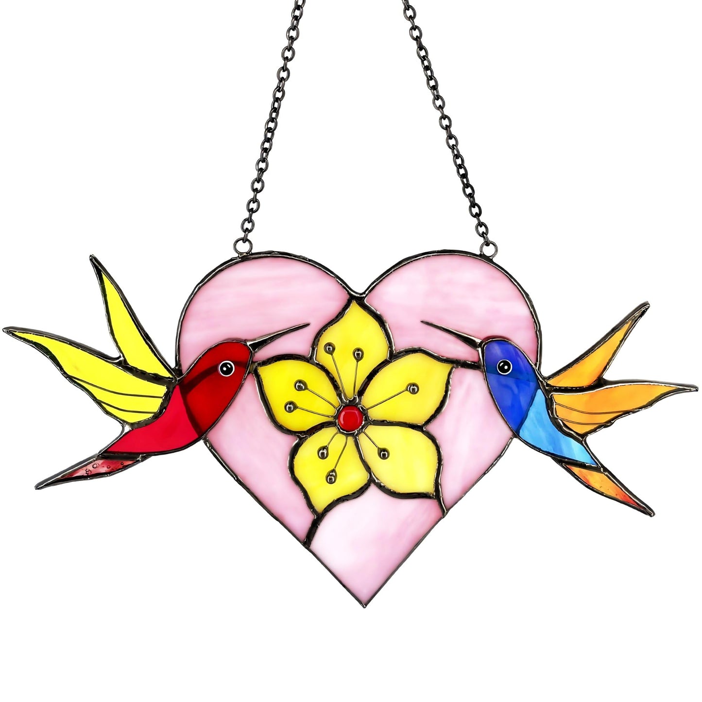 AuroAura Pair of Hummingbirds Stained Glass Window Hanging - Gifts for Women, Mom, Grandma, Mother - Handmade Real Glass Birds Suncatcher - Elegant Gifts Box Heart Figure Home Decor (H4.4xW8.7 Inch)