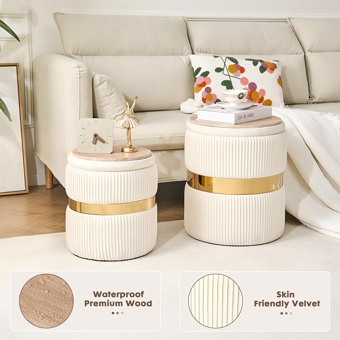 YYW HOME Velvet Round Ottoman with Storage Set of 2 for Livingroom Small Foot Stool Ottoman for Living Room Small Coffee Table Vanity Stool with Storage for Bedroom White