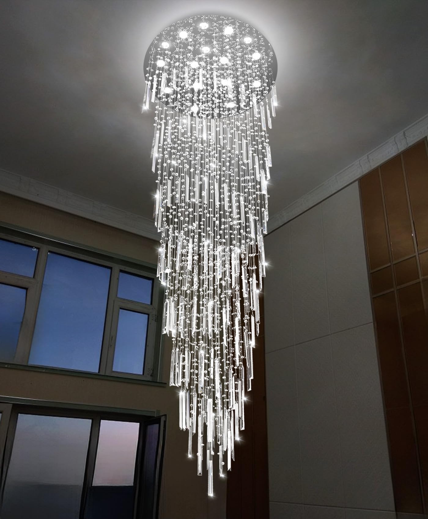 D40'' x H120'' Crystal Chandelier High Ceiling Chandeliers for Entryway Large Raindrop Chandeliers LED Dimmable Flush Mount Light Fixtures for Staircaes Foyer Hallway Living Room Bulbs Included Silver