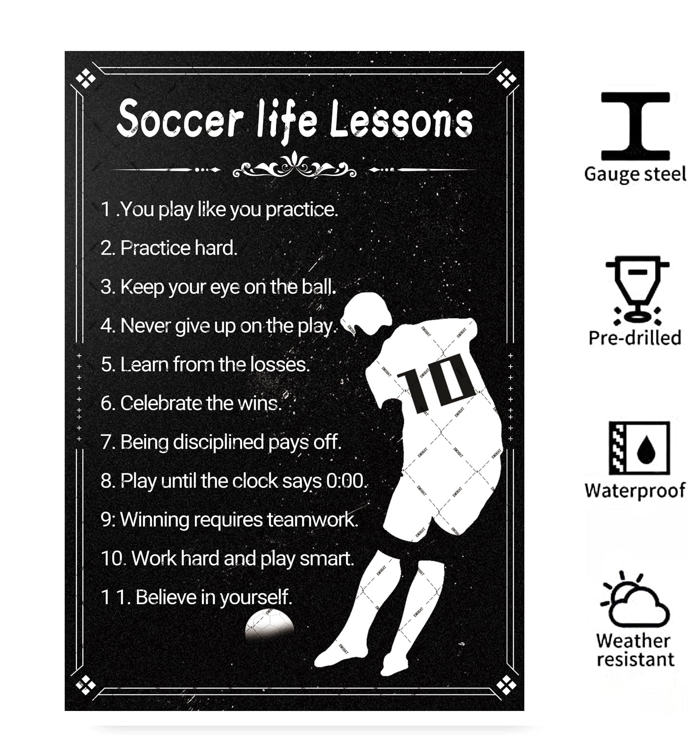 EMOHAT Soccer Life Lessons Metal Tin Sign - Inspirational Wall Art - Retro Decorations - Motivational Quotes for Soccer Lovers - 12x8 Inches