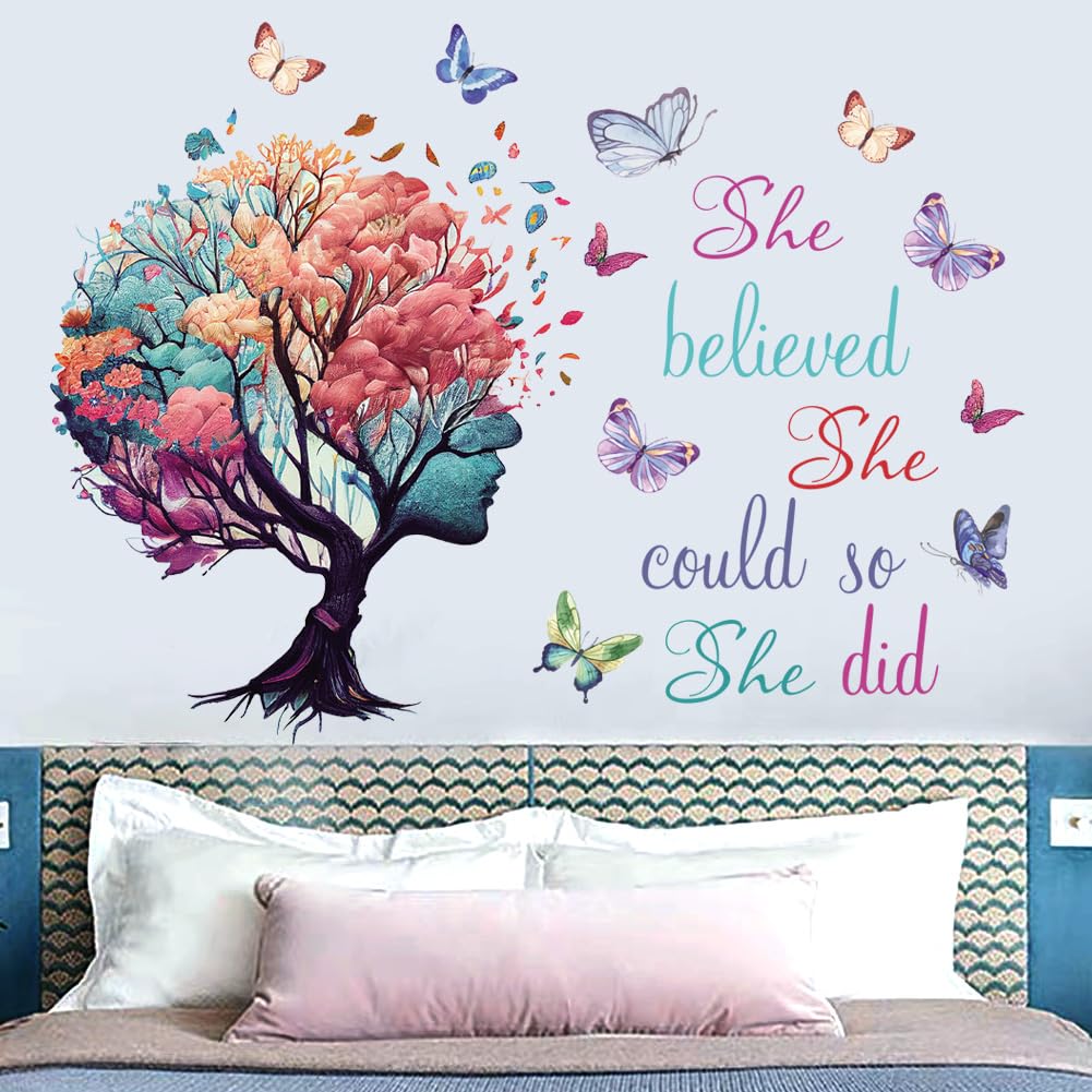 Inspirational Quotes Wall Art - 'She Believed She Could So She Did' Tree & Butterfly Decal Stickers for Women & Girls Bedroom & Living Room Decor