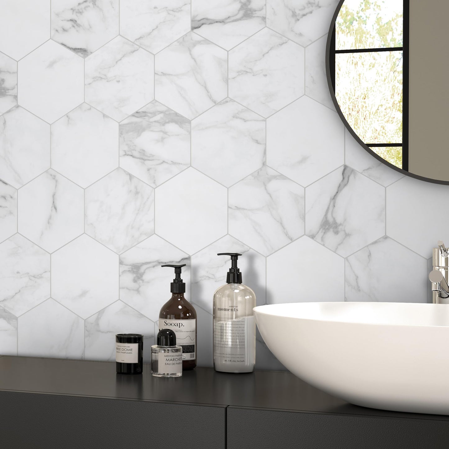 INNO STICKERS 45-Sheet Hexagon Peel and Stick Backsplash, 6" x 7" White Calacatta Marble Looks Self Adhesive Wall Tile, Stone Composite Stick on Decorative Mosaic Tile for Kitchen Bathroom Fireplace