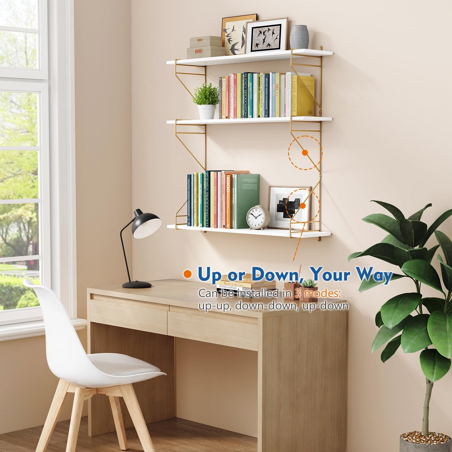 Harwaya White and Gold Floating Shelves 36 Inch Long, Wall Shelves for Bedroom Books, Modern Wall Hanging Bookshelf Unit for Living Room Office Kitchen Bathroom Decor - Set of 3