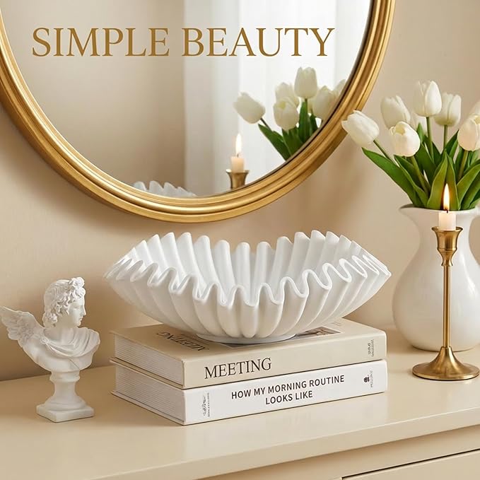 FESTGLOX White Decorative Bowl, Modern Handicraft Ruffle Key Bowls for Living Entryway Table, Decorative Fruit Bowl for Kitchen Counter, Coffee Tables