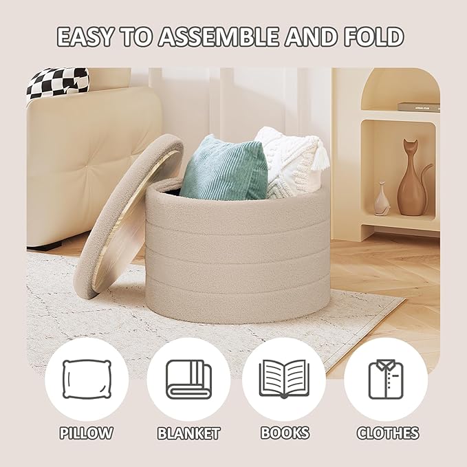 PINPLUS Round Ottoman with Stroage, Boucle Storage, Foot Stool Foldable Coffee Table Ottoman for Living Room, Bedroom, Dorm (Beige)