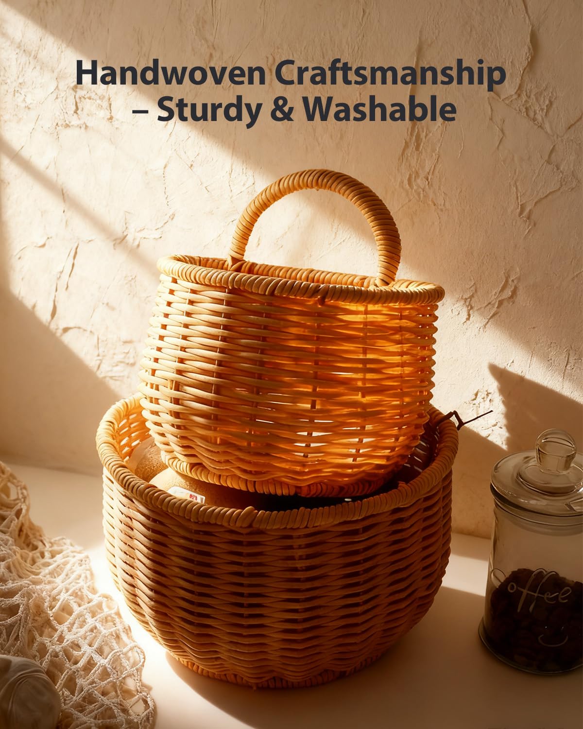 2 Pack Wall Hanging Rattan Baskets, Hand-Woven Storage Basket, Small Wall Hanging Baskets for Kitchen, Washable Decorative Basket, Potato Garlic Onion Storage Baskets