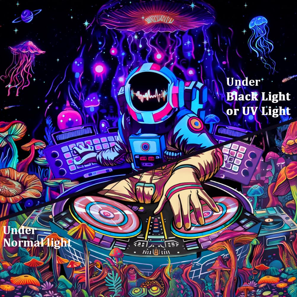 Amhokhui Blacklight Astronaut Tapestry UV Reactive Funny DJ Music Tapestry Trippy Aesthetic Tapestriesy Galaxy Space Tapestries Flower Wall Hanging Decor for Home
