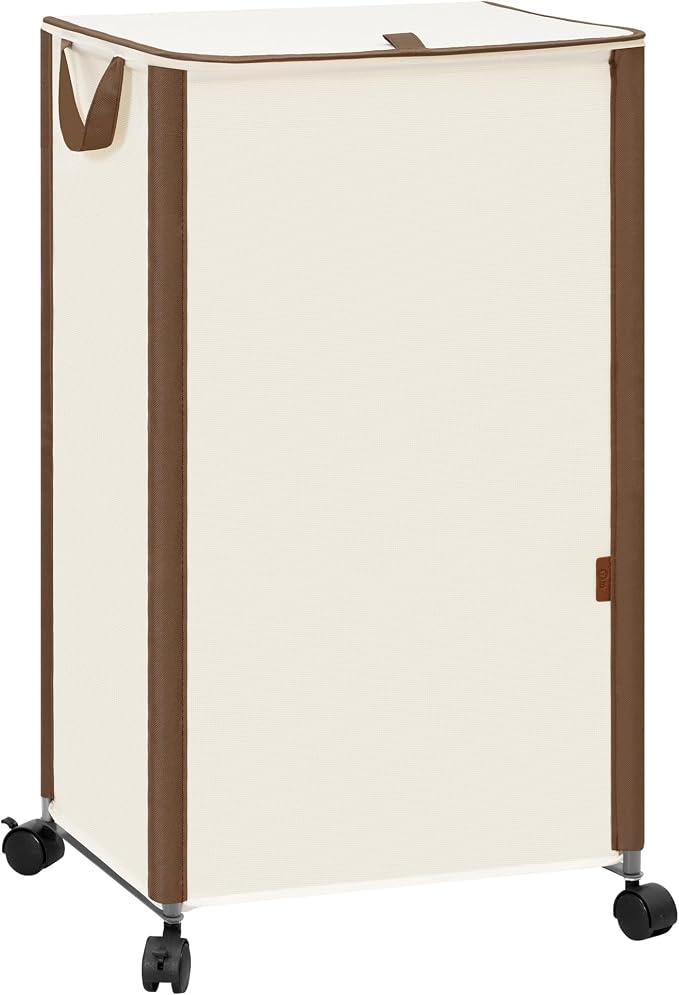 STORAGE MANIAC Rolling Laundry Hamper with Lid, 23.7 Gal (90 L) Large Tall Laundry Basket with Wheels & Handles, Aesthetic Dirty Clothes Hamper for Small Space, Dorm, Apartment, College, Beige