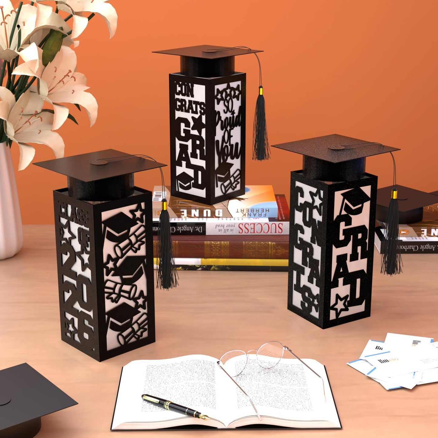 6 Pcs Graduation Table Centerpieces Boxes Class of 2026 Graduation Paper Lanterns Boxes with LED Hollow Out Black for Congrats Grad School College Table Decorations Grad Party Photo Props