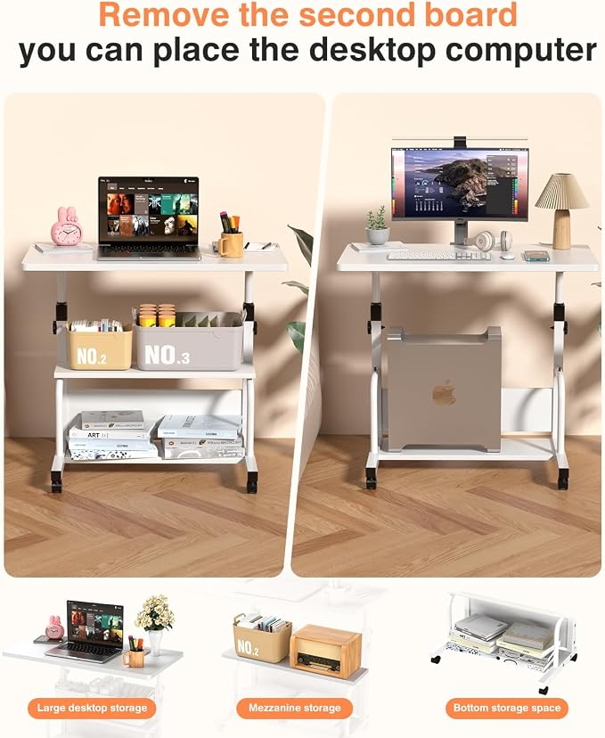 QZMDSM Portable Desk with Wheels Small Standing Desk on Wheels Adjustable Height Rolling Desks for Small Spaces, 32" Computer Desks with Storage Shelves for Home Office Study White