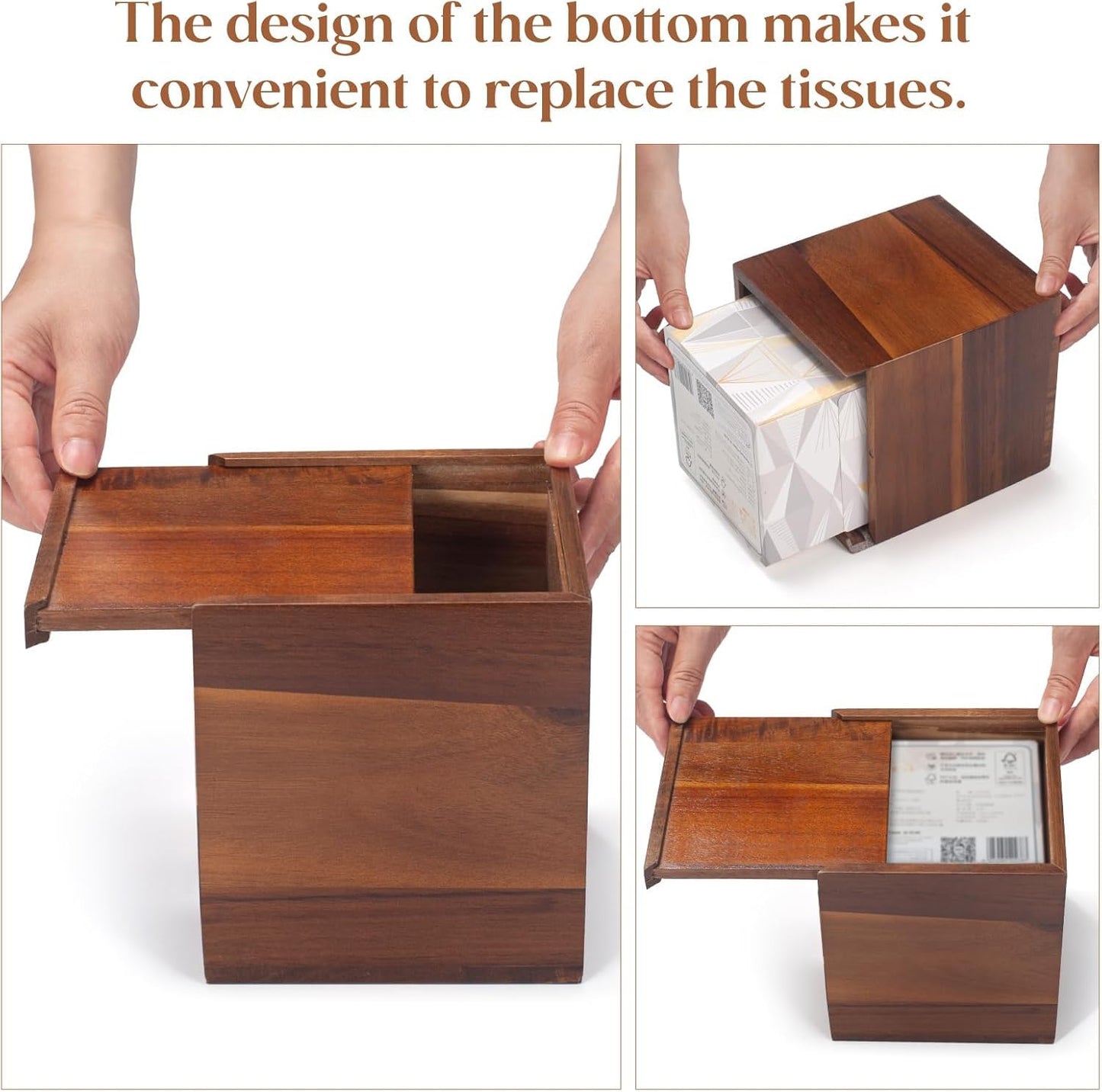 YANGQIHOME Tissue Box Cover Square, Acacia Wood Tissue Holder for Bathroom, Living Room, Dining Table, Decorative Cube Facial Tissue Box Cover, 5.3 x 5.3 x 6.1 inches