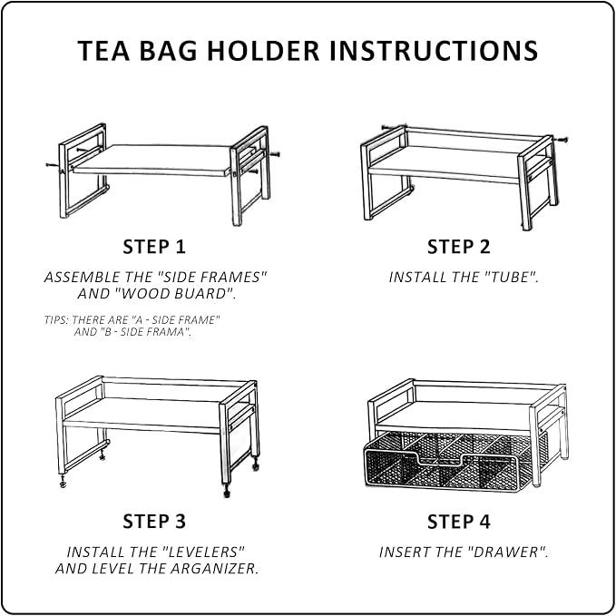 Tea Bag Organizer, Tea Bag Organizers and Storage with Drawer, Tea Bag Holder Natural Wood & Metal with 8 Compartments, Tea Storage Chest Container Box for Countertop Kitchen with 4 Hooks