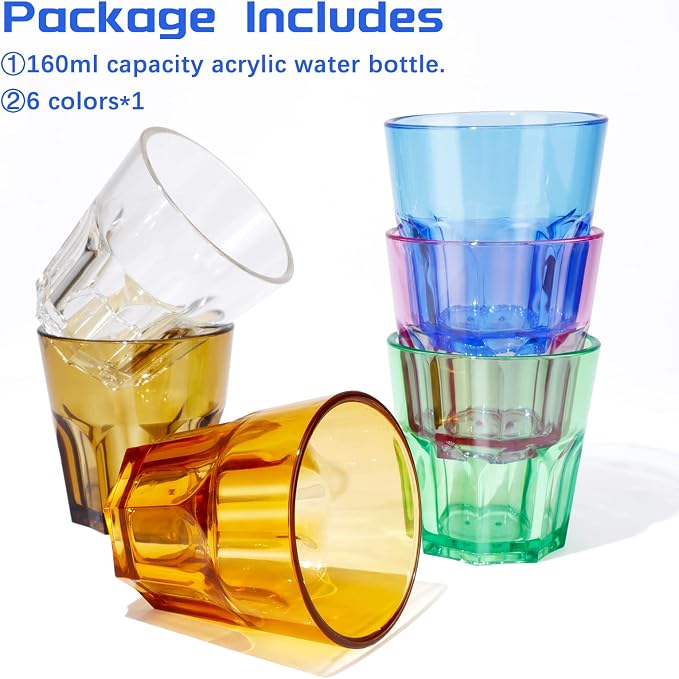 Plastic Drinking Glasses Set of 6, Unbreakable Coloured Water Tumbler, Acrylic Plastic Cups, Reusable Kids Drinking Cups for Children Kitchen Picnic Party Juice Whiskey Wine (6pc-6color-160ml/5.4oz)