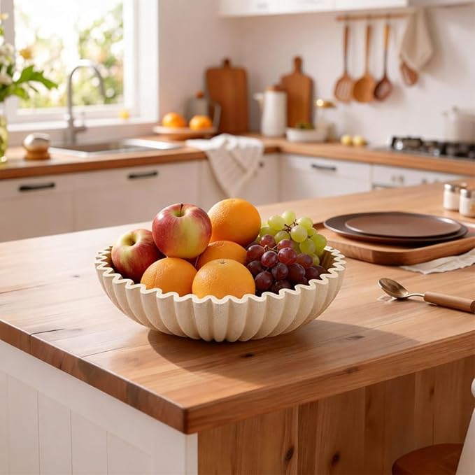 Large Modern Ruffle Bowls, Artificial Stone Decorative Catch All Bowl for Kitchen Counter and Entryway Table, Handcrafted Fruit Bowls and Key Bowl for Home Decor(Beige)