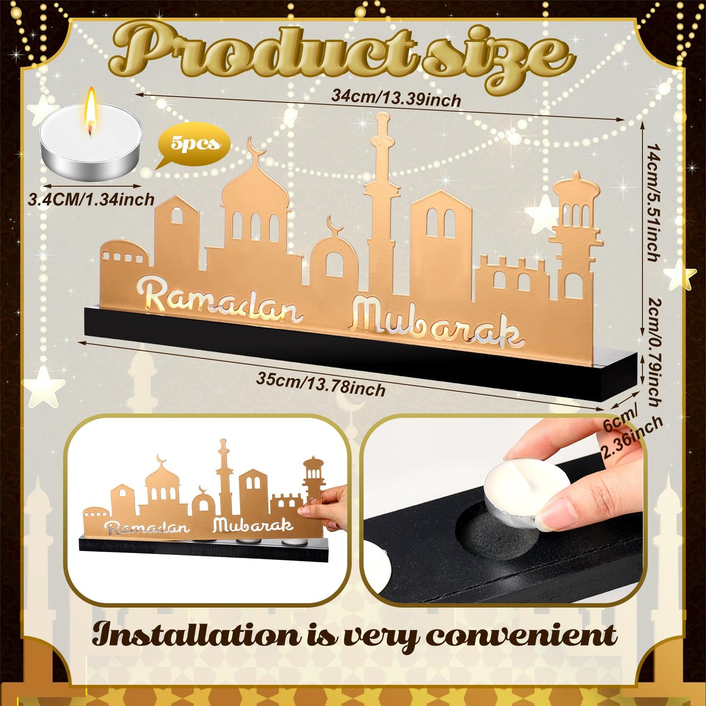 MorningRo Ramadan Mubarak Decorations Islamic Candle Holder with 5 Tea Candles Eid Mubarak Metal Sign with Wood Base Ramadan Kareem Table Centerpieces Eid Al Fitr Muslim Party Gifts