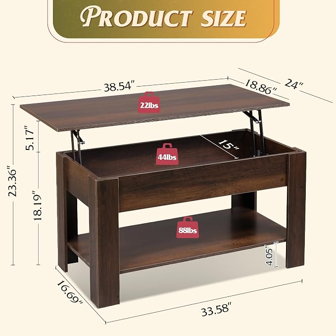 WLIVE Coffee Table, 39" Lift Top Coffee Table with Hidden Compartment, Storage Shelf and Lifting Top for Home Living Room, Office and Reception Room,Espresso