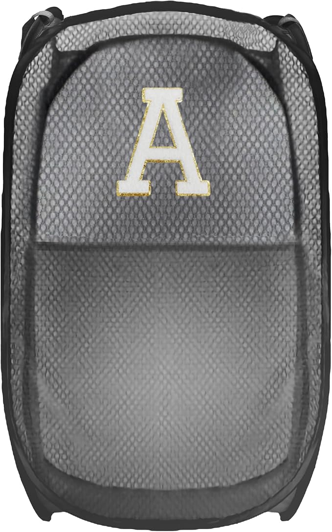 Collapsible Pop Up Laundry Hamper, Extra Large with Removable Initial Letter A, Mesh Foldable Laundry Basket, 28" x 16" x 16" (Black)