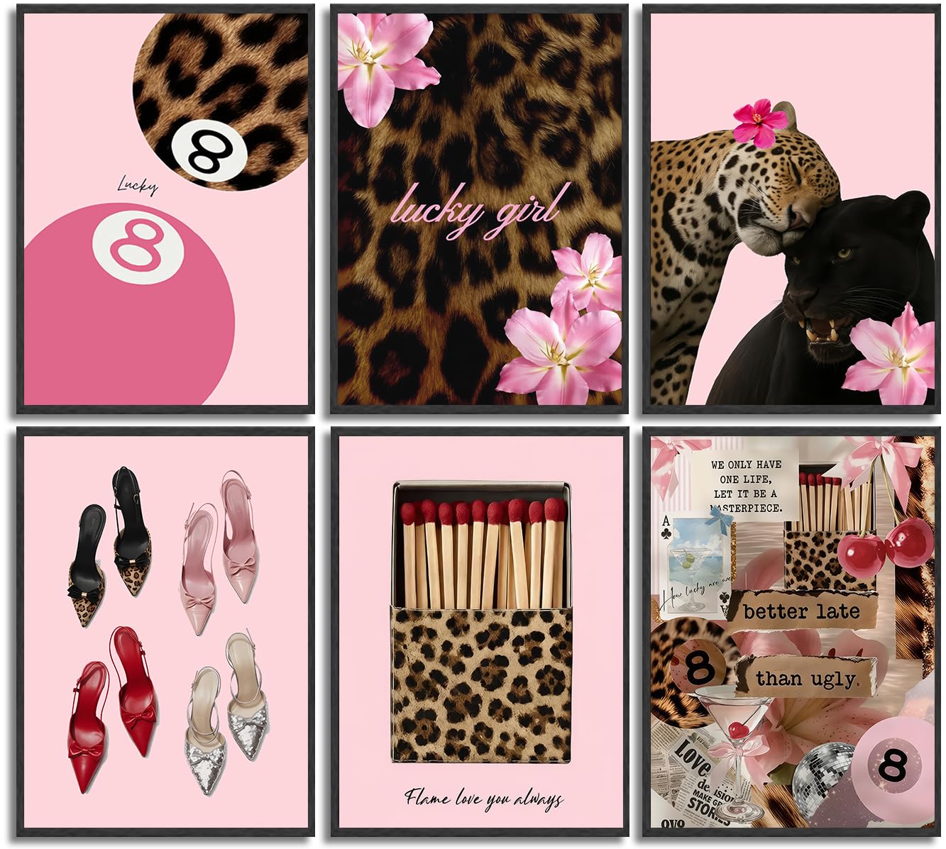 6Pcs Trendy Pink Leopard Canvas Wall art Preppy Y2K Posters Print Artwork Fashion Cheetah Flowers Painting Pictures Wall Decor for Girls' Room Dormitory Apartment Home Decoration 8x10in Unframed