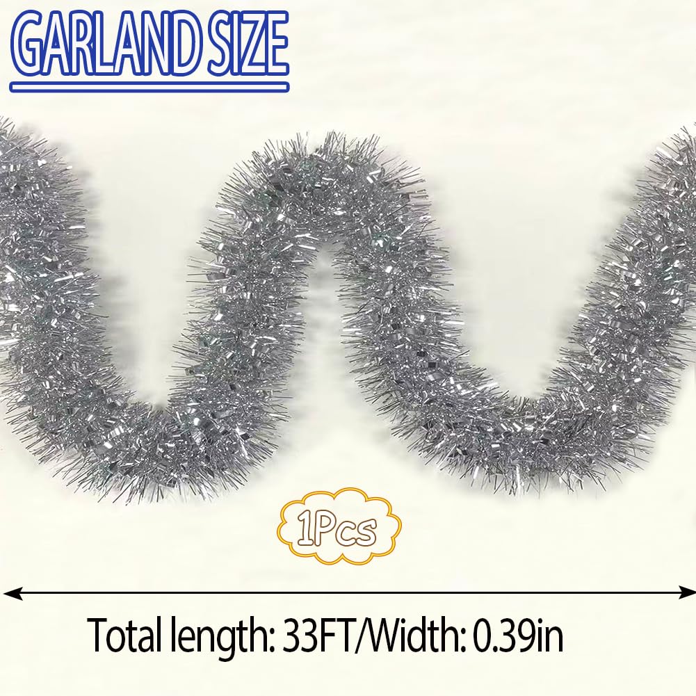 33Ft Christmas Tinsel Garland Shiny Thick Tinsel Xmas Tree Decor Metallic Twist Foil Garland for New Year Parties Birthday Party Thanksgiving Day Parade Floats Indoor Outdoor Supplies - Silver