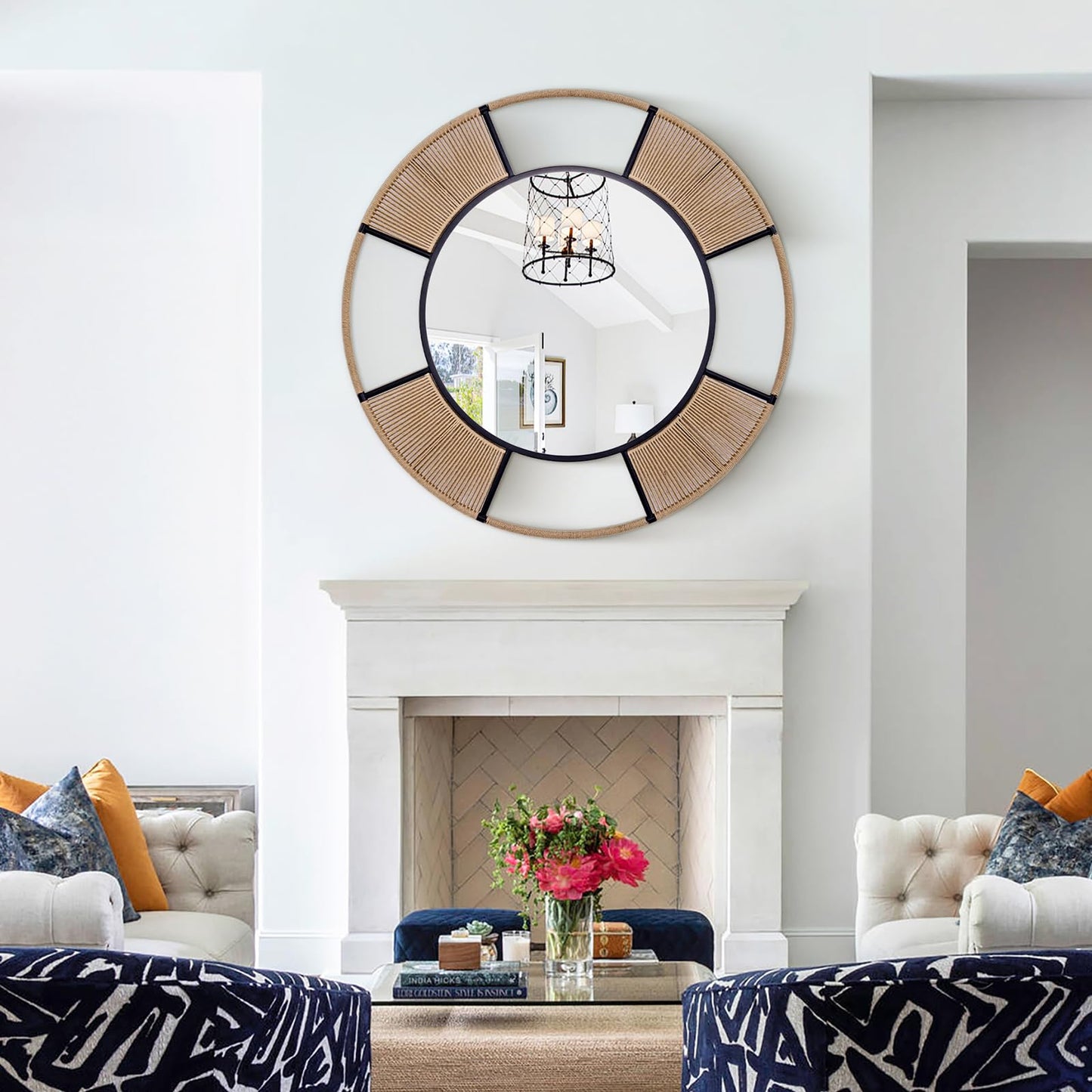 Autdot Large Boho Round Wall Mirror for Living Room, 42.5'' Coastal Circle Mirror with Detachable Rattan Frame, Rustic Circle Mirrors for Dining Room Bathroom Hallway Entrance