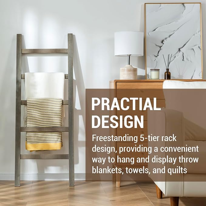 MyGift 54 inch Tall Fully Assembled Wood Blanket Ladder, 5-Tier Wall Leaning Towel Rack, No Assembly, Gray