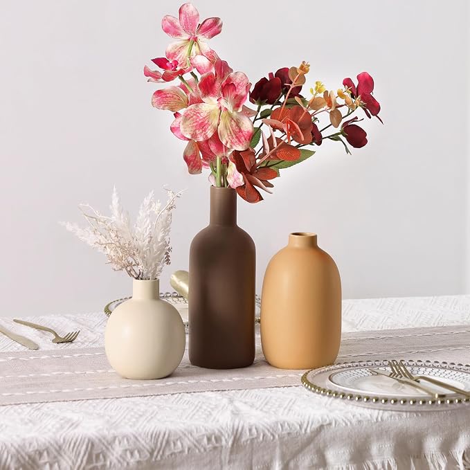 Ceramic Vase Set of 3, Brown Large Rustic Vases for Farmhouse Decor, Pampas Grass & Dried Flowers and Table Living Room Home Decor