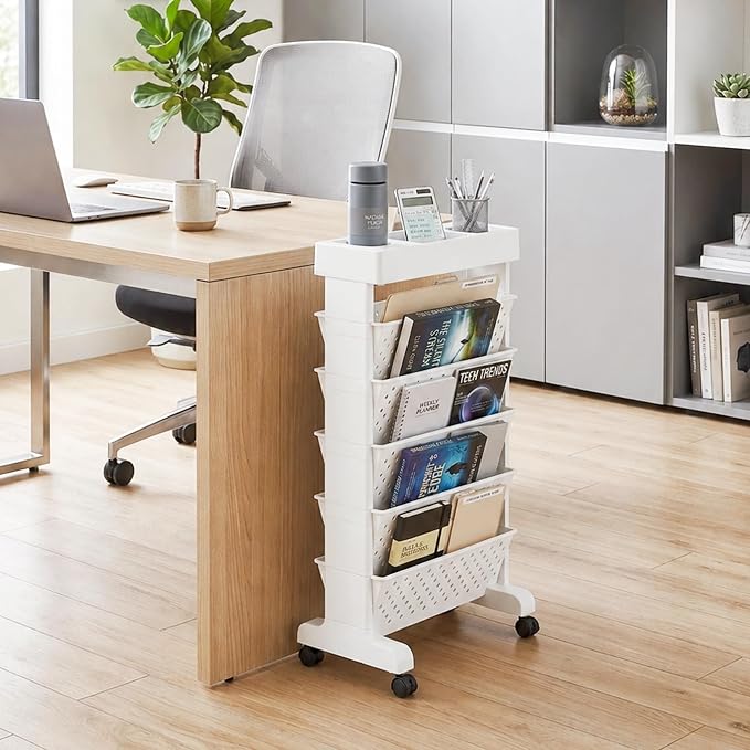 6-Tier Bookshelf, Book Storage Organization with Wheels Mobile Rolling Bookshelves Cart for Home Office Kids’ Study Room School, White