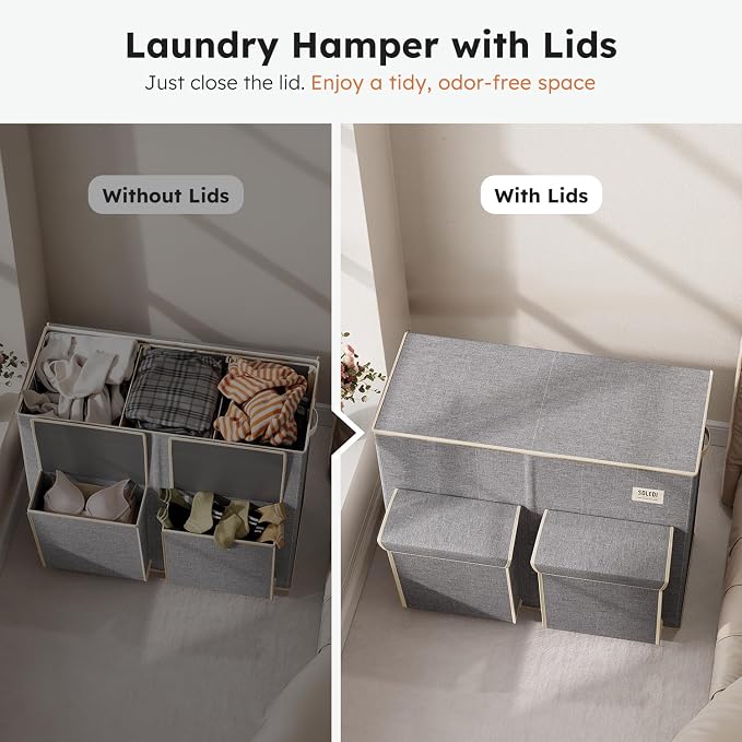 SOLEDI 220L Laundry Hamper 3 Section,Extra Large Laundry Basket with Lid and 2 Side Pockets, Dirty Clothes Hamper with Removable Bag Easy to Carry for Laundry Room, Bedroom, Bathroom, Grey
