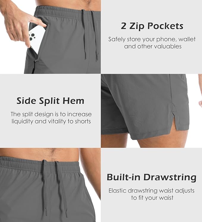 Aolesy Men's Gym Shorts Linerless & Liner - 5" Quick Dry Workout Running Shorts with Zip Pockets Sports Athletic Shorts