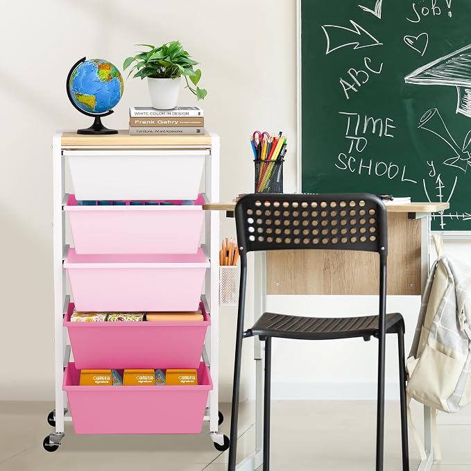 Rolling Cart with Drawers, Rolling Storage Cart with Large Plastic Drawers & Wooden Tabletop, Utility Cart with Pegboards & Basket, Storage Drawers Cart for Living Room, Classroom, Bedroom, Office