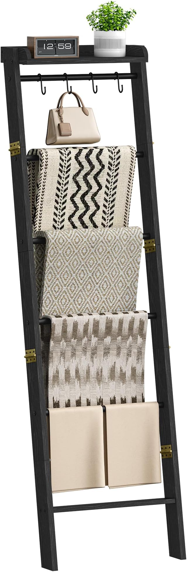 Hzuaneri Blanket Ladder Shelf, Decorative Quilt Rack, 7-Tier Farmhouse Ladder Holder Organizer with 4 Removable Hooks 7.9" D x 17.3" W x 66.9" H, Black BR36804B