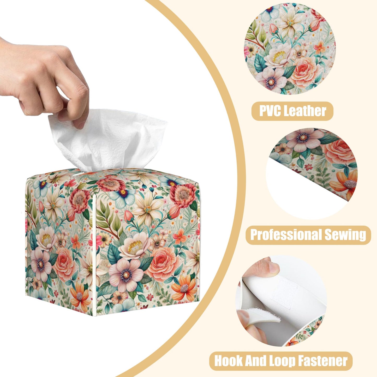 Leather Tissue Box Holder Colorful Floral Tissue Box Cover Facial Paper Case Organizer Cube Napkin Dispenser for Bathroom Vanity Countertop Night Stand Office Car