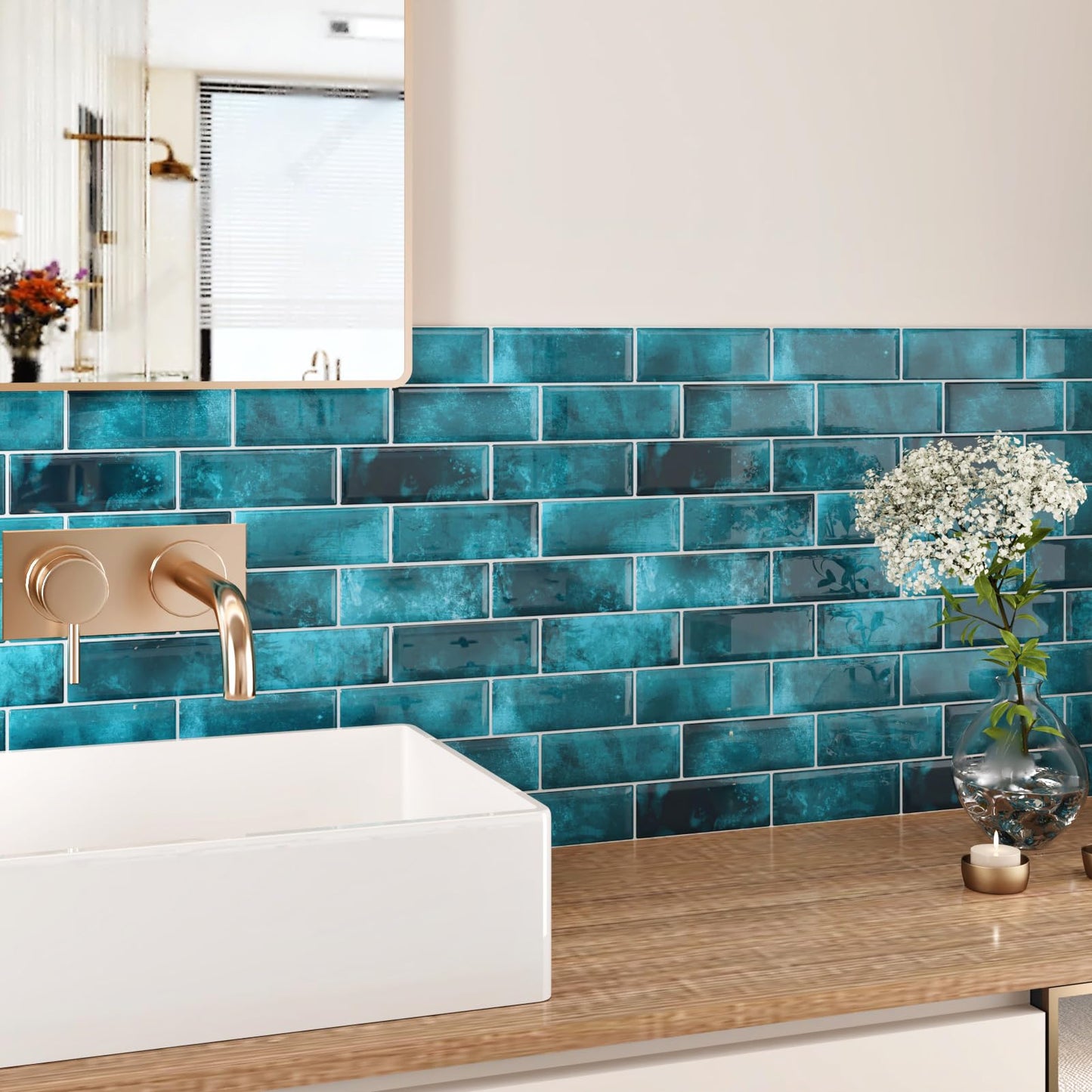 Wallercity Marble Blue Peel and Stick Backsplash Glossy Wall Tile Stickers Vinyl Self Adhesive Stick on Subway Tile Back Splash for Kitchen Bathroom 12''x12'' Waterproof 3D Art Wall Tiles Decor 10PCS