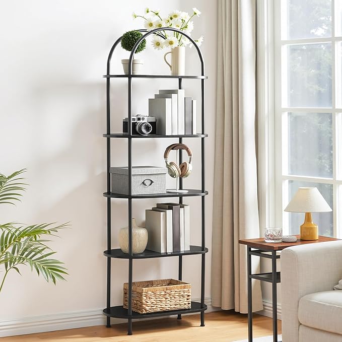 HOOBRO 5 Tier Open Bookshelf, Industrial Arched Bookcase Display Shelf Rack, Wooden Bookcase Storage Shelf Metal Frame, Tall Storage Organizer for Home, Easy Assembly, Black BB176SJ01
