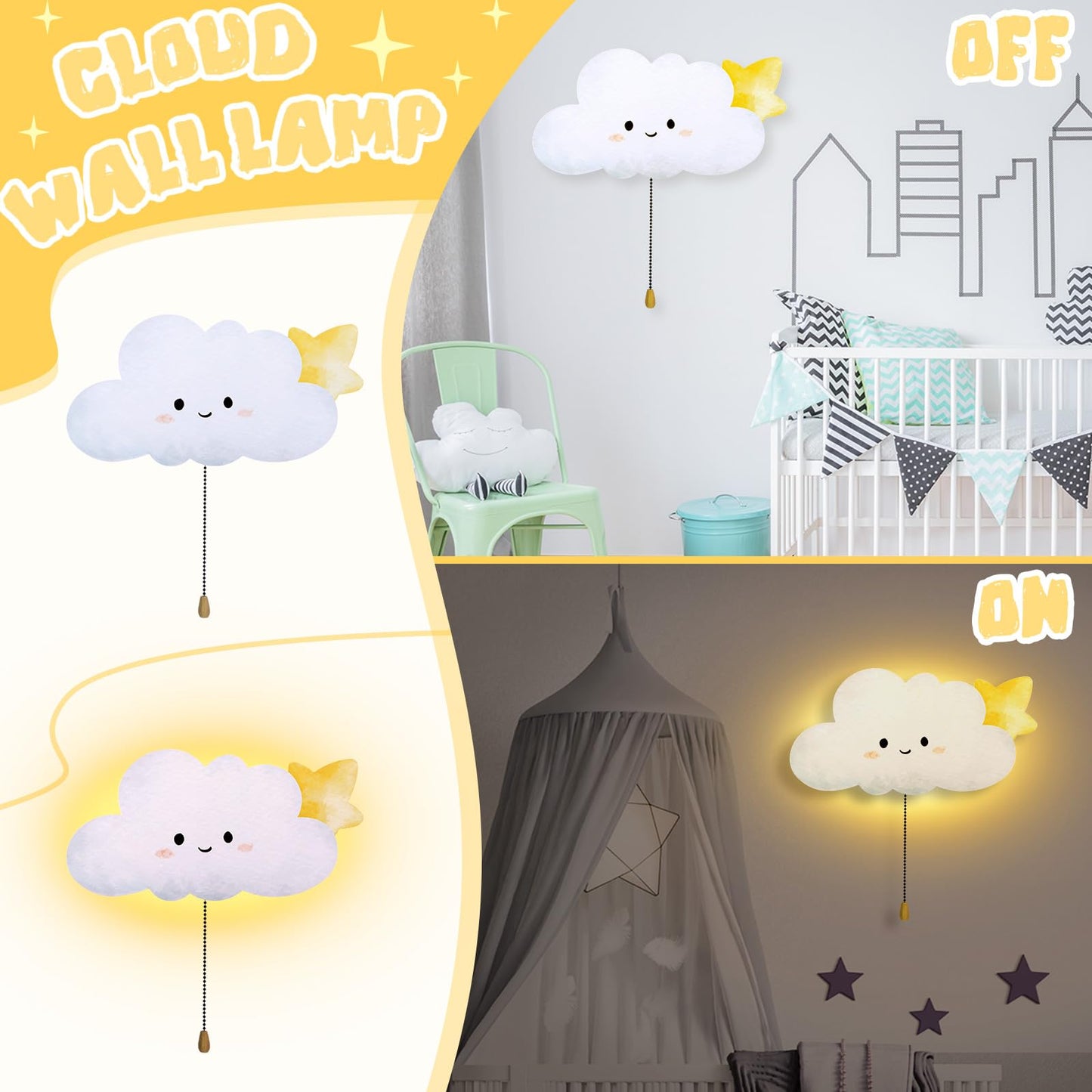 Aurelema Cloud Night Light Wall Lamp Sleeping Nursery Lighting Cute Floating Battery Operated Hanging Lamp for Baby Boys Girls Bedroom Room Nursery Wall Decorations