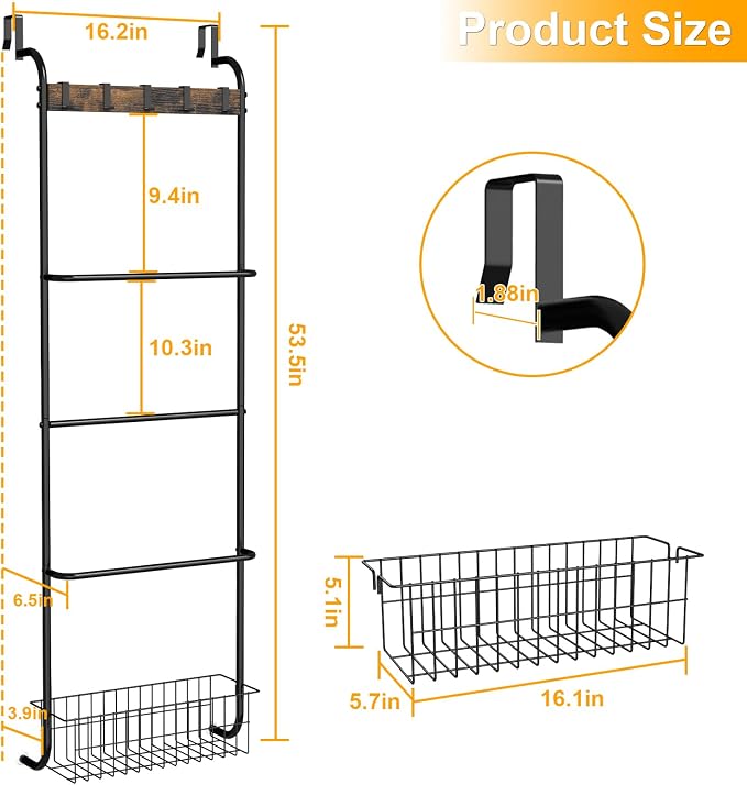 Over The Door Towel Rack,5-Tier Over Door Towel Racks for Bathroom,Towel Rack with Hooks and Basket Door Hanging,Blanket Ladder for Living Room Black