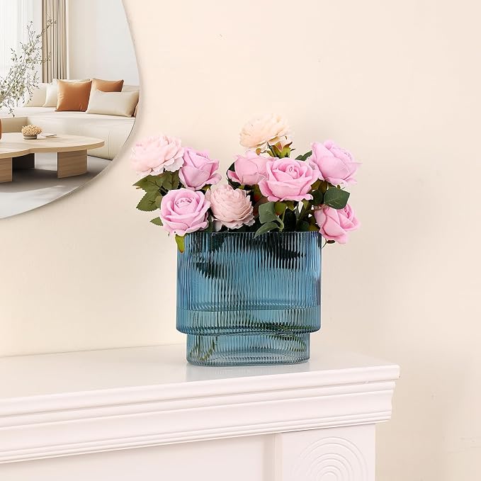 Ribbed Glass Vase, Blue Glass Vase, Fluted Short Vases for Flowers, Modern Vases for Living Room, Dining Room, Bathroom, Desk, Shelf, Wedding, Office, 7 Inches