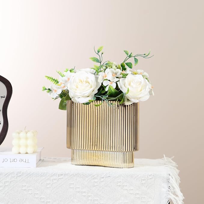 Ribbed Vase, Gold Glass Vase for Flowers, Gold Flower Vases for Tulips, Modern Vases for Living Room, Dining Table, Office, Bedroom, Mantle, Shelf, Wedding, 7 Inch