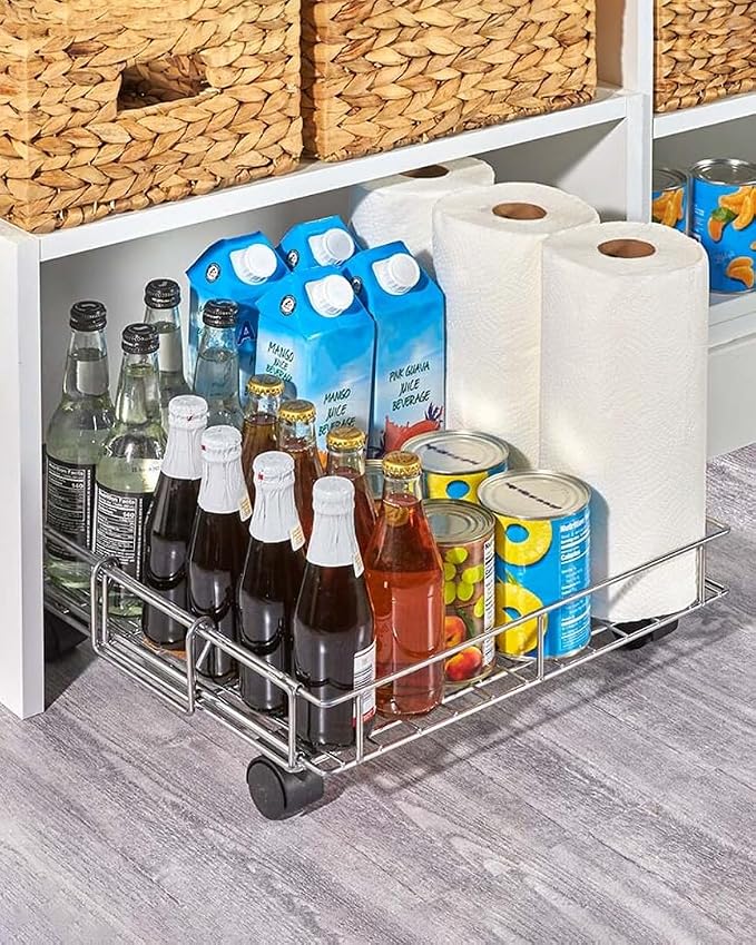 MSR Imports Expandable Rolling Metal Storage Basket-Home and Kitchen Storage Solution,Silver