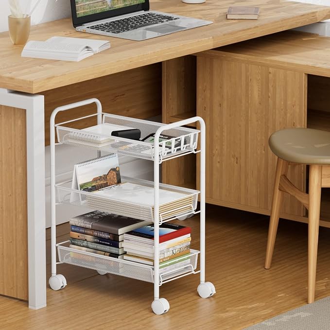 3-Tier Mesh Rolling Cart - 24.8" H Fits Under Desk Metal Cart with Wheel | Hold 35bls/Tier Small Space Storage Organizer Crafts Utility Cart for Office Pantry Bathroom Kitchen Laundry White